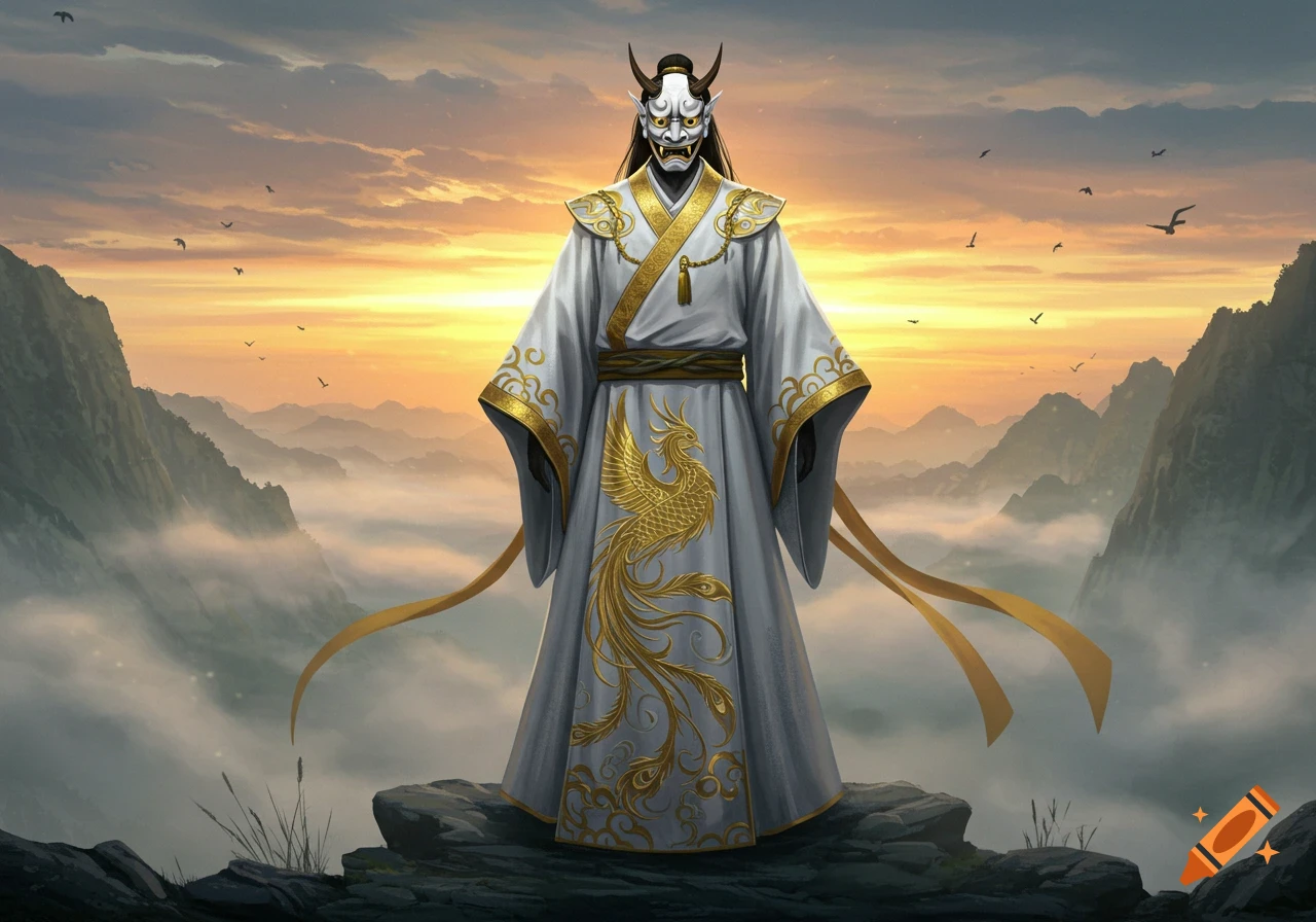 A tall masked figure in white robes with a golden phoenix design stands on a mountain overlooking a misty valley at sunset.