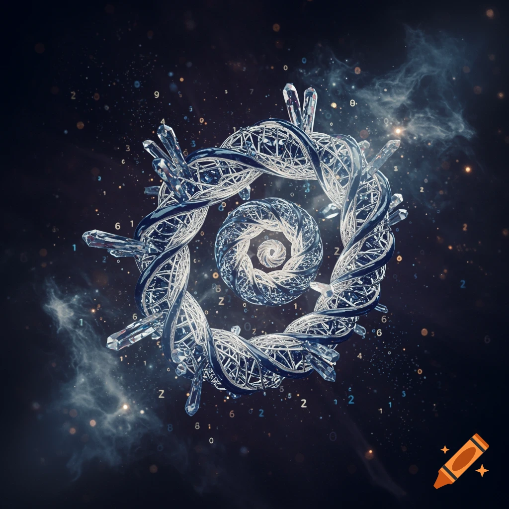 An abstract crystalline spiral structure composed of clear and blue intertwined strands, set against a dark, cosmic background with scattered numbers and light particles.