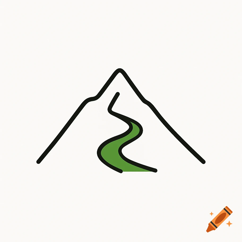 A minimalist logo featuring a black outline of a mountain with a winding green path leading up its side.