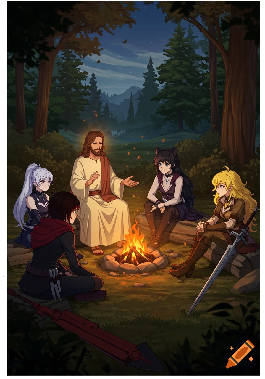 Jesus Christ and Team RWBY characters sit around a campfire in a forest at night in an anime style.