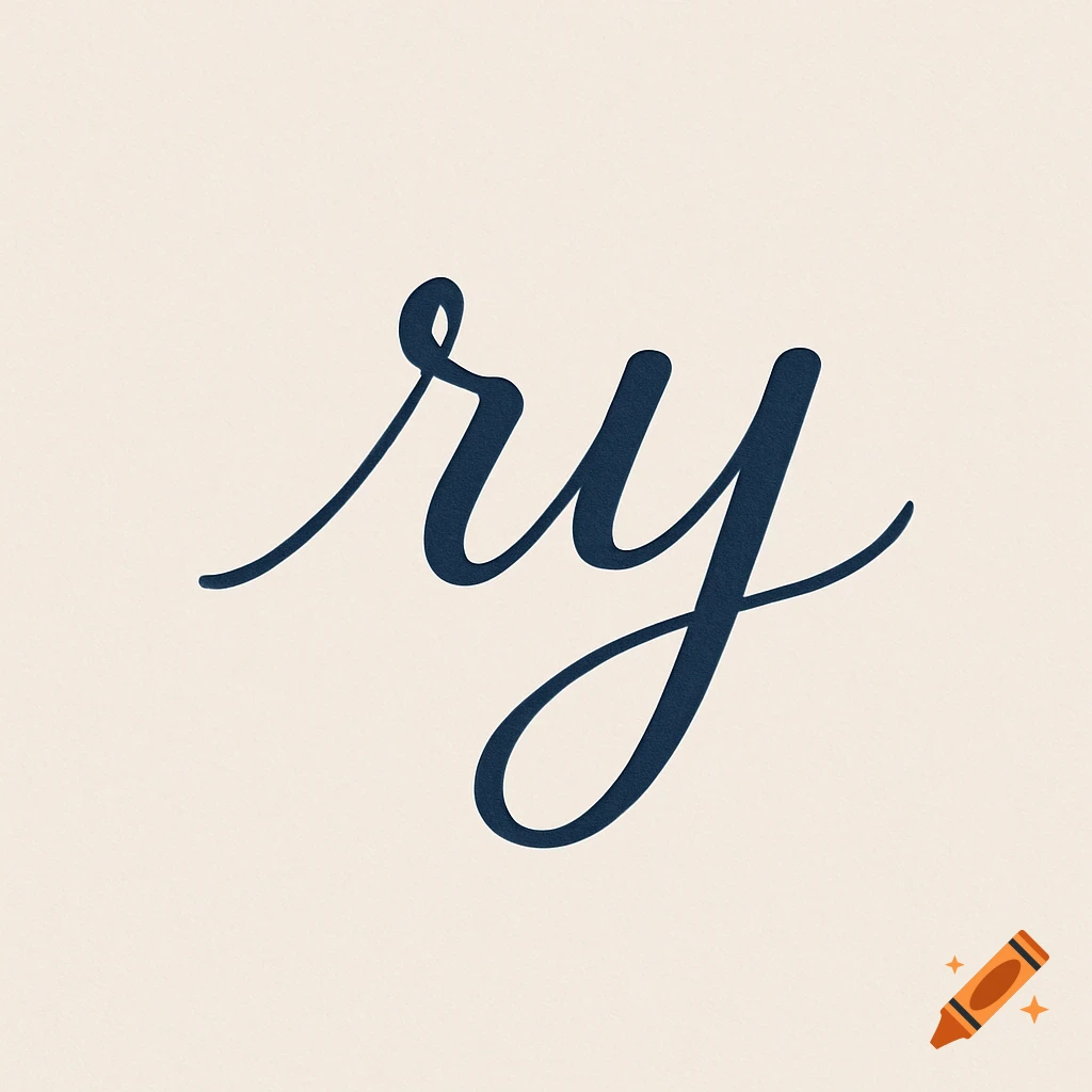 Lowercase cursive letters 'ry' in dark blue on a light beige background.
