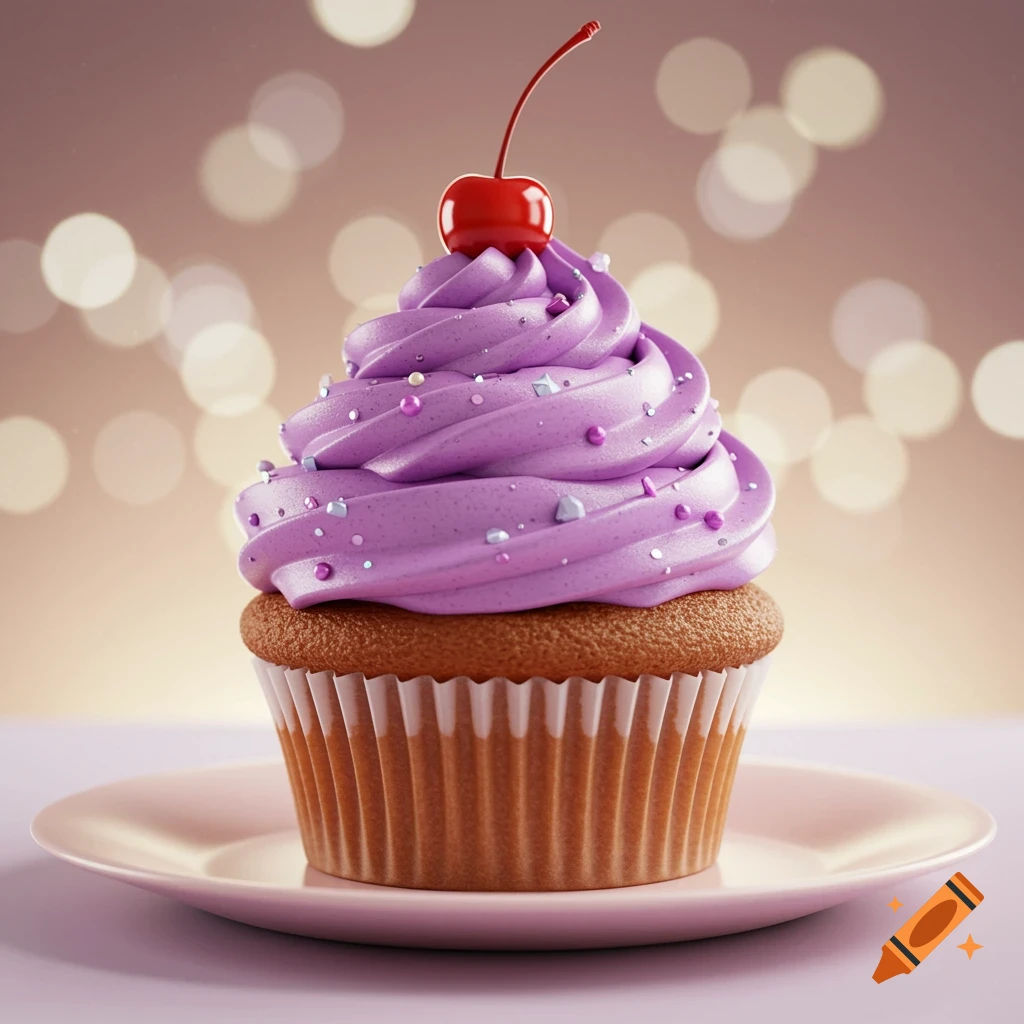 A photorealistic cupcake with vibrant purple frosting, colorful sprinkles, and a shiny red cherry on top, set against a bokeh background.