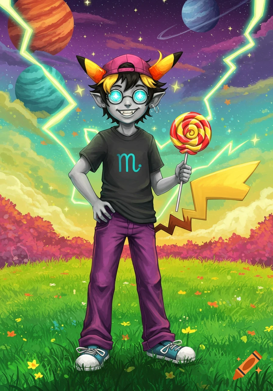 A cartoon character, a fusion of Homestuck's John Egbert and Pikachu, stands in a colorful alien landscape.