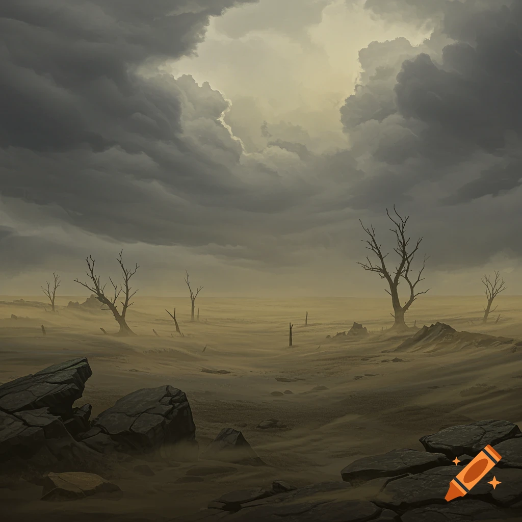 A desolate, windswept wasteland with bare trees and rocks under a stormy, cloudy sky, in a painting style.