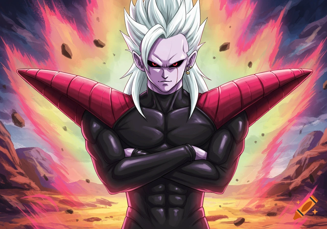 A purple-skinned male character with white spiky hair and red eyes, wearing a black suit with red shoulder pads, stands with arms crossed in a dynamic Dragon Ball style scene.