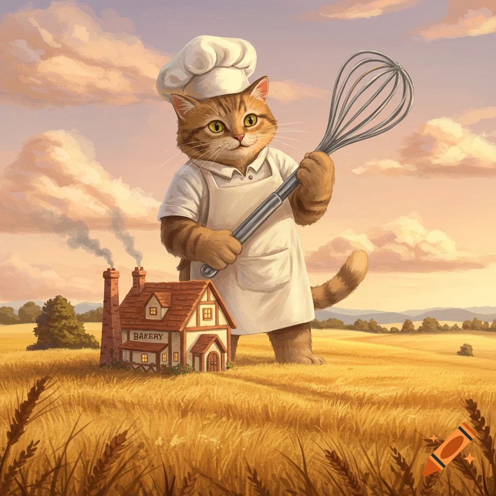 A giant tabby cat baker in an apron and chef's hat holds a whisk like a mace in a golden wheat field next to a small bakery house.