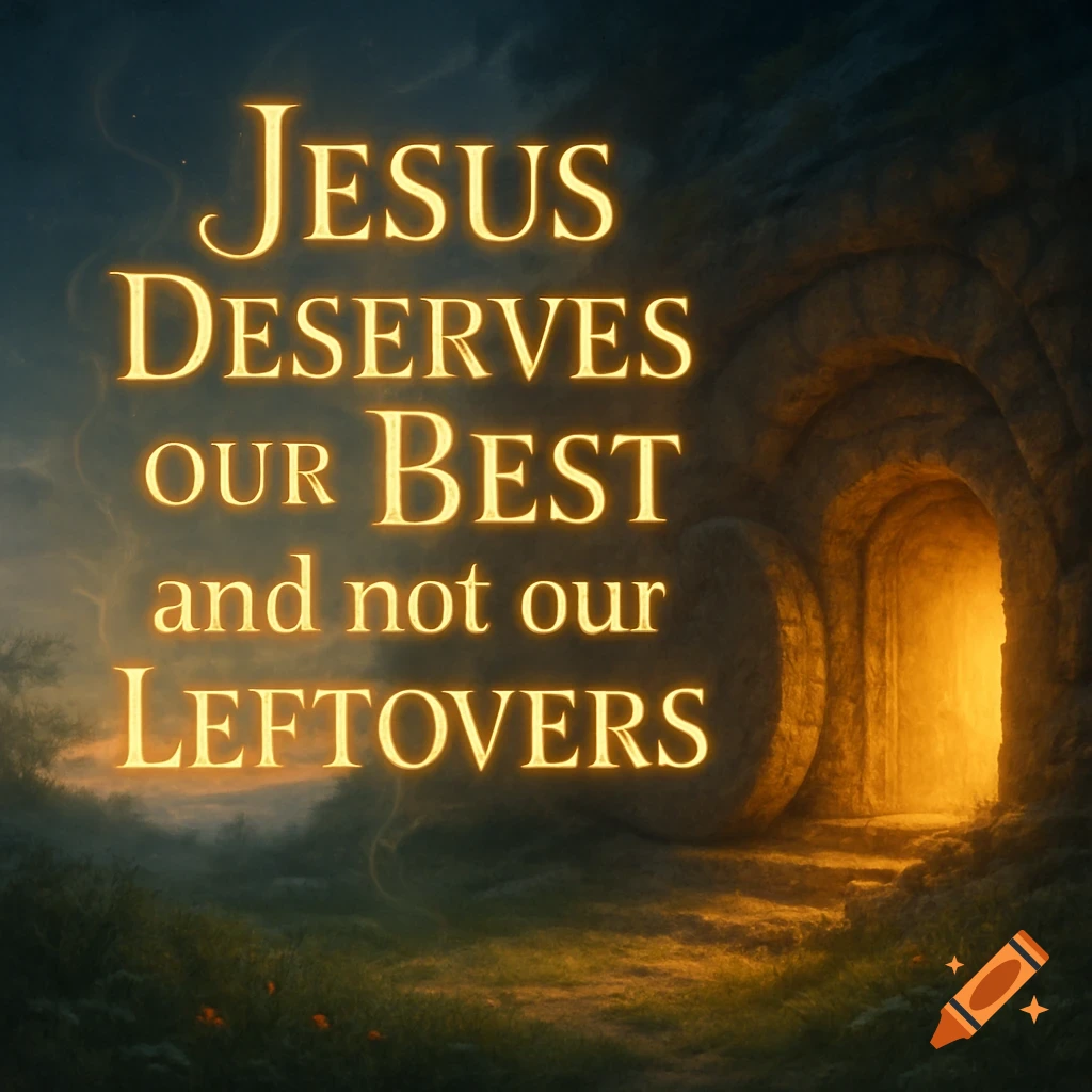Glowing text 'Jesus Deserves Our Best and Not Our Leftovers' above a misty landscape with a bright, open tomb entrance.