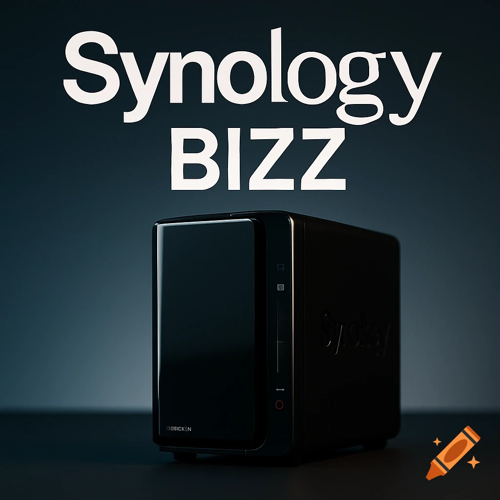 A photorealistic product shot of a black Synology NAS device with white text 'Synology BIZZ' above it.