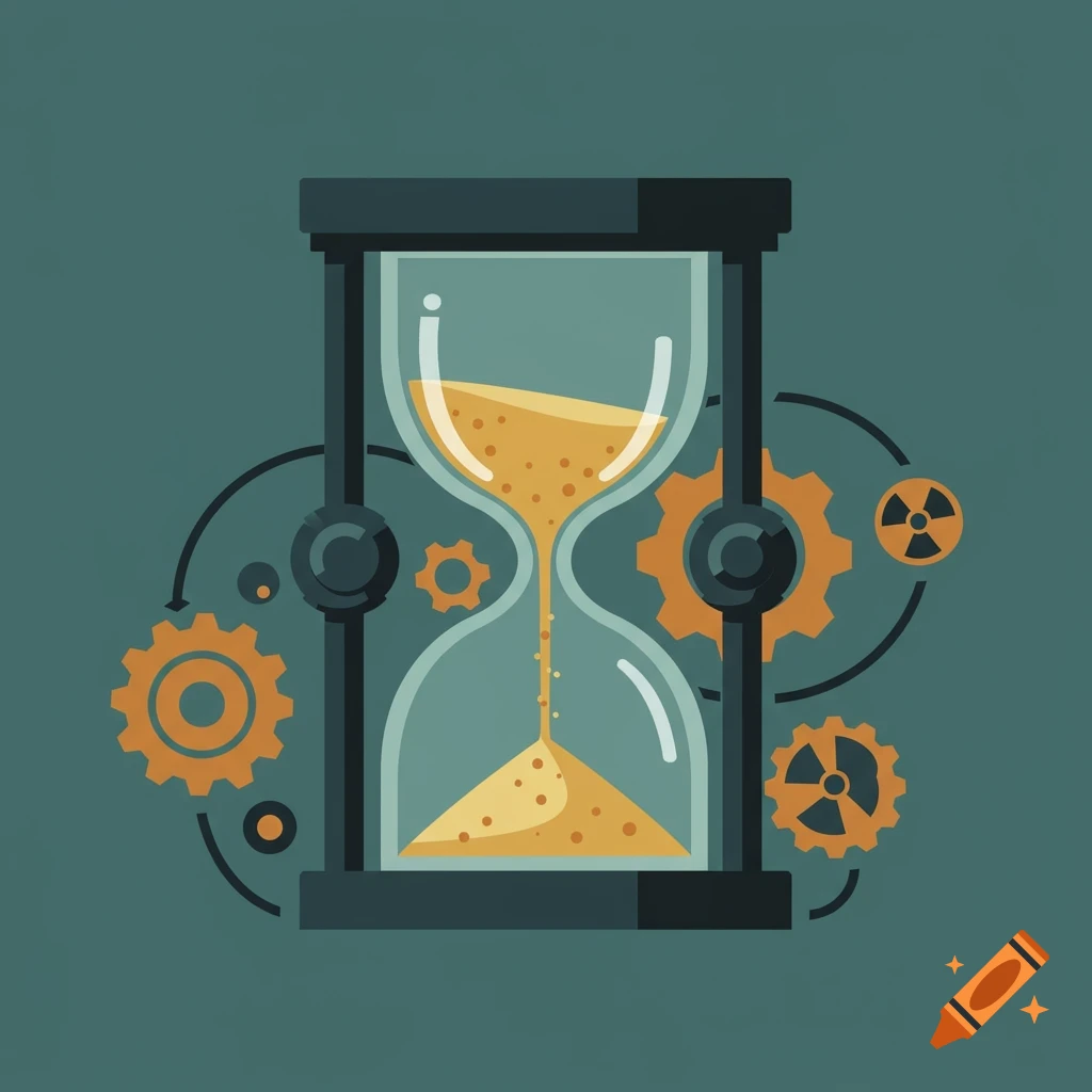 Flat illustration of an hourglass with flowing sand, surrounded by orange gears, some with radioactive symbols, on a teal background.