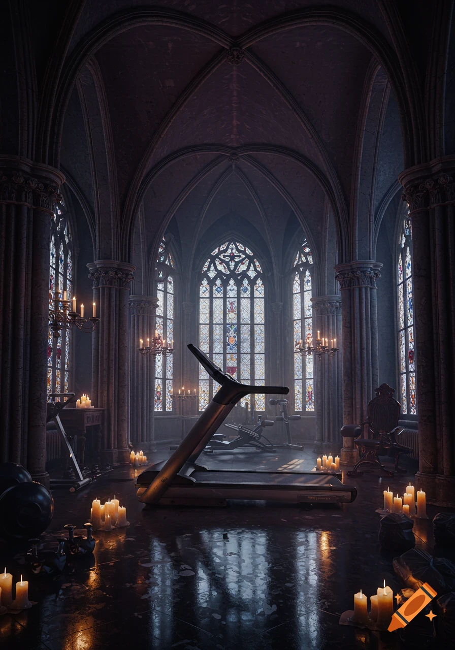 A dimly lit gothic church interior repurposed as a home gym, with a treadmill, weights, and many lit candles on the floor.