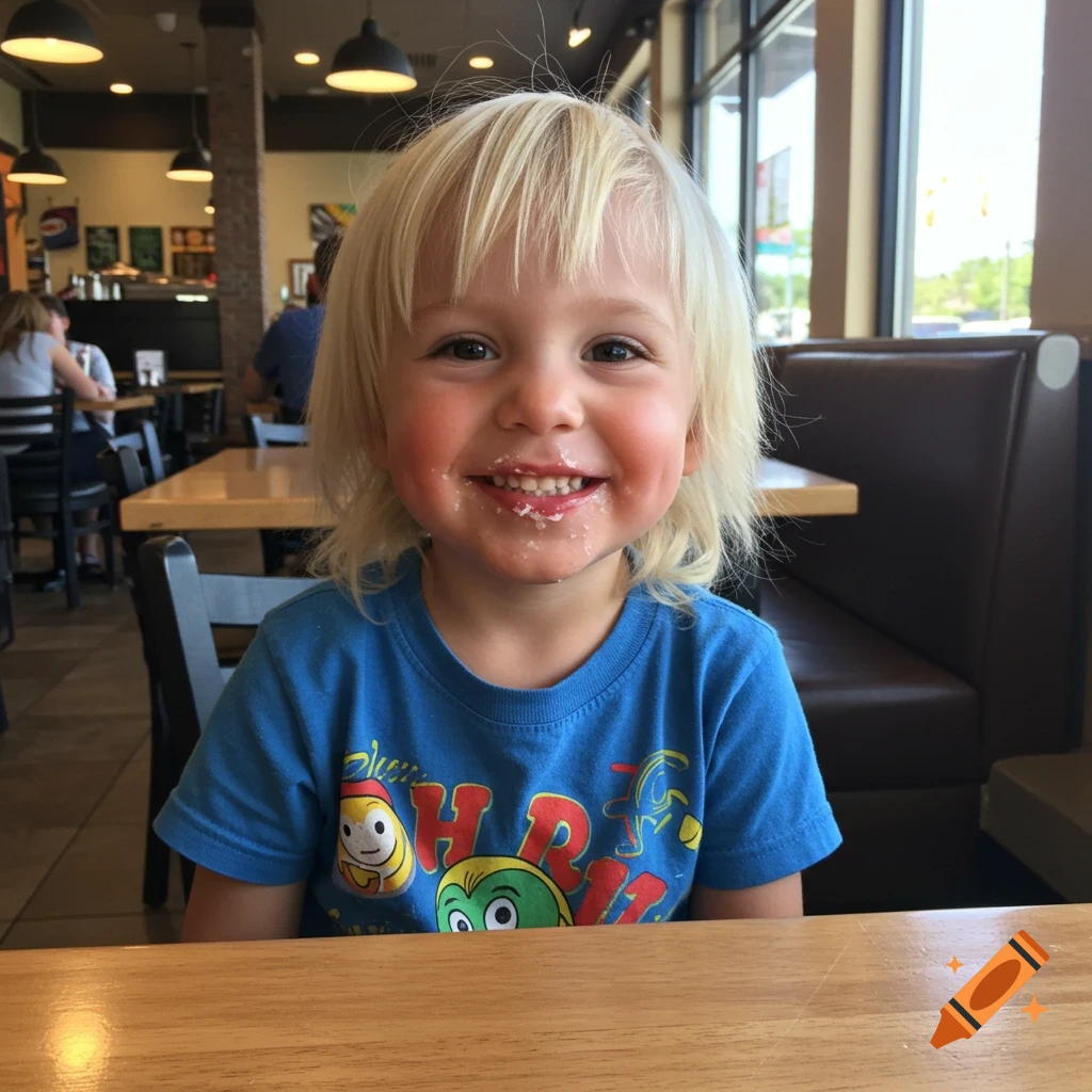 A smiling young boy with blonde hair and ice cream on his face sits at a restaurant table.