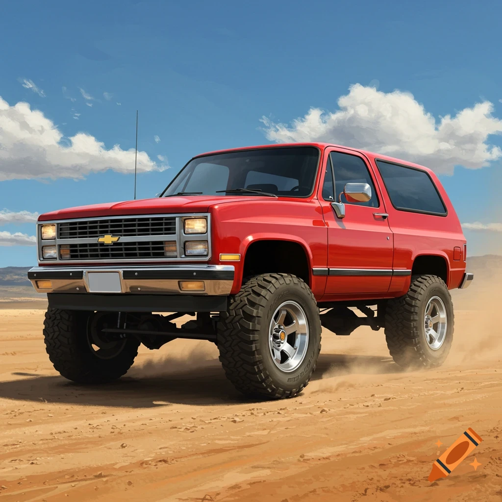 A bright red 1992 Chevrolet K1500 Blazer with a lift kit drives through a dusty desert under a blue sky.