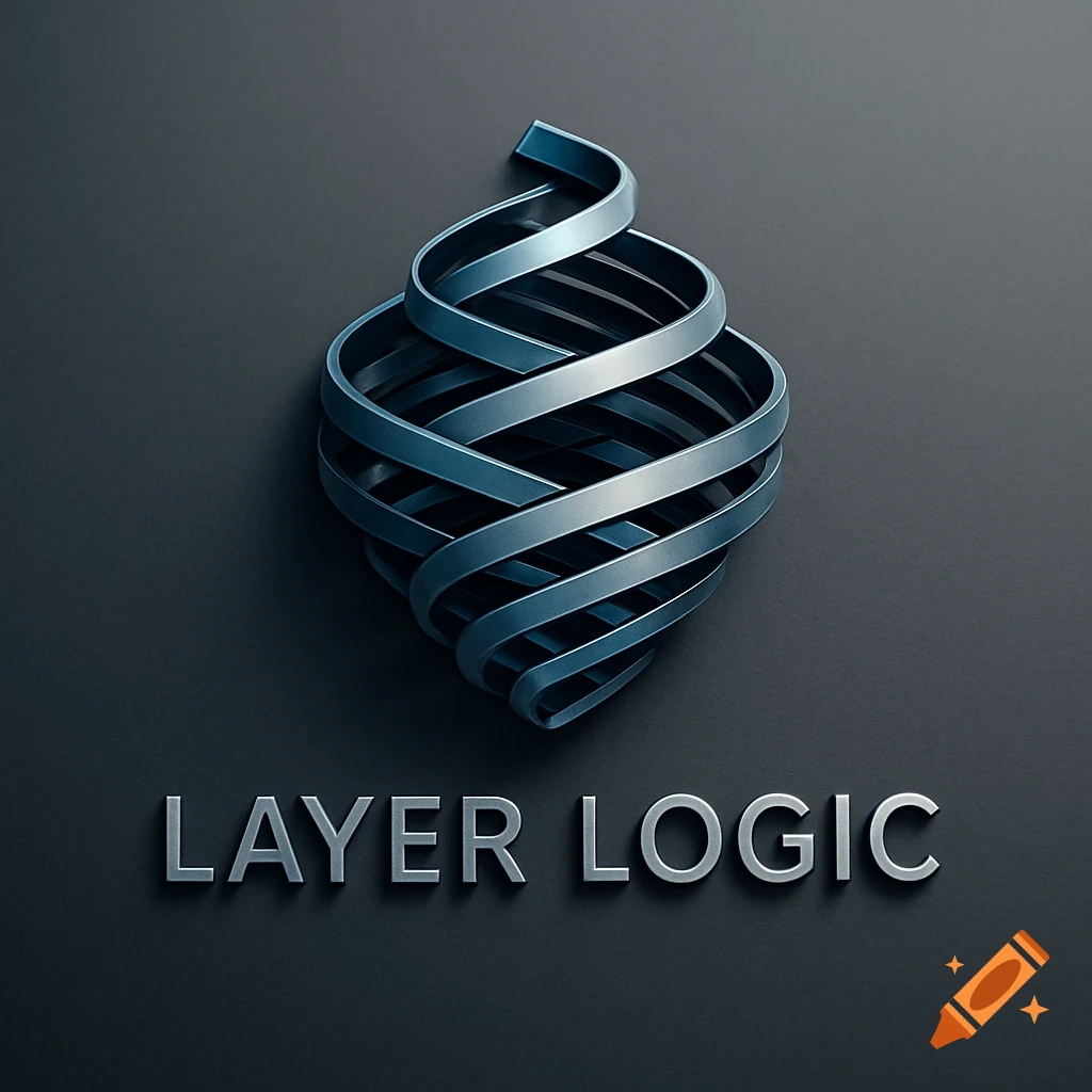 Metallic blue 3D spiral logo with the text 'LAYER LOGIC' on a dark gray background.