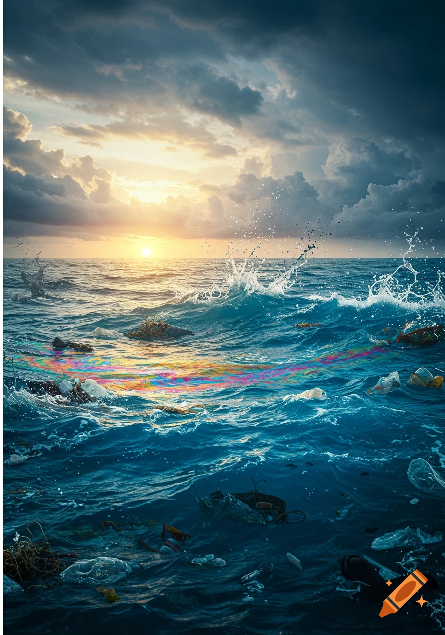 Photorealistic image of a turbulent ocean at sunset, heavily polluted with plastic trash and a shimmering oil slick.