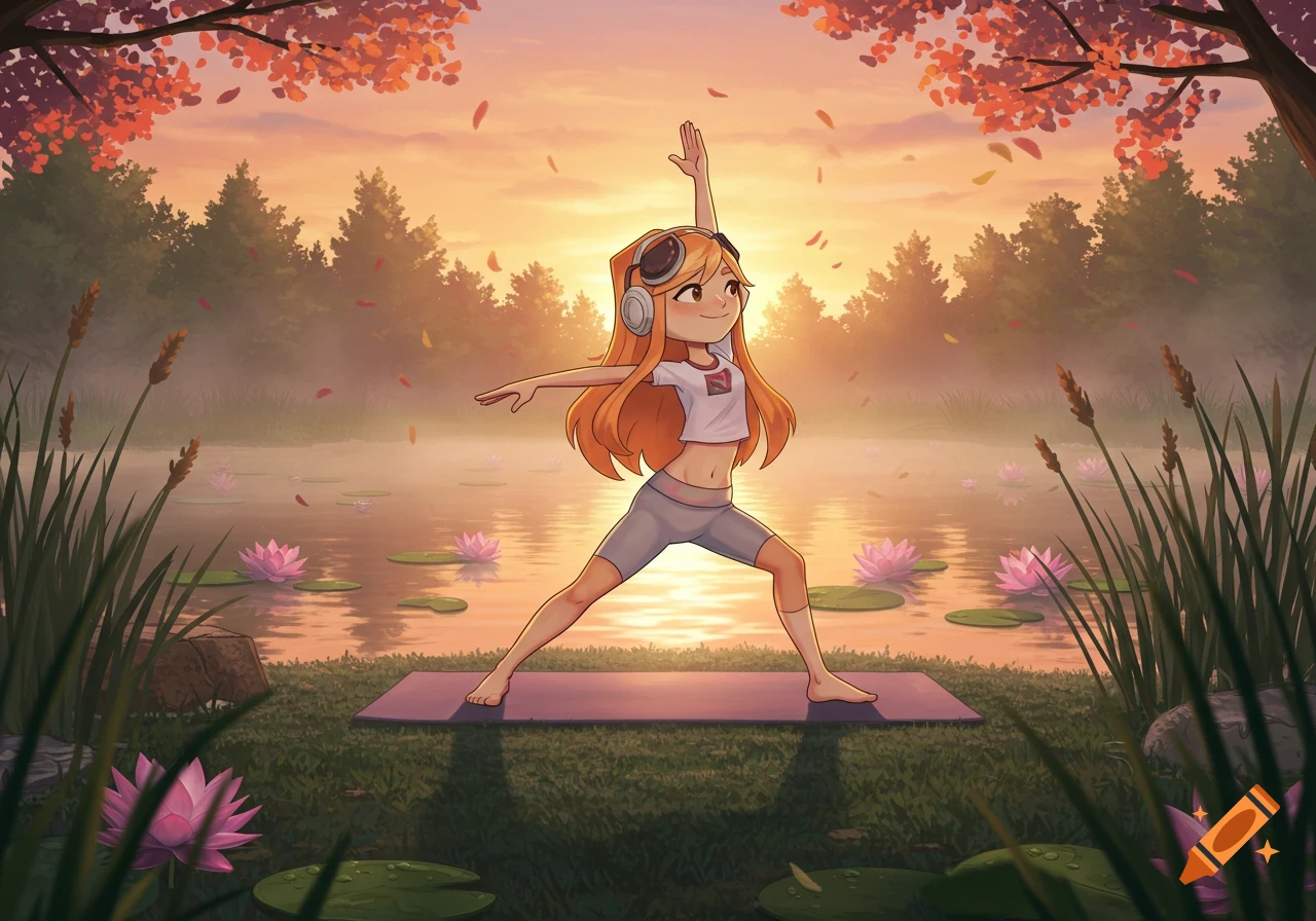 An anime character with orange hair and headphones practices yoga in warrior pose on a mat by a misty lake at sunset, surrounded by lily pads and autumn foliage.