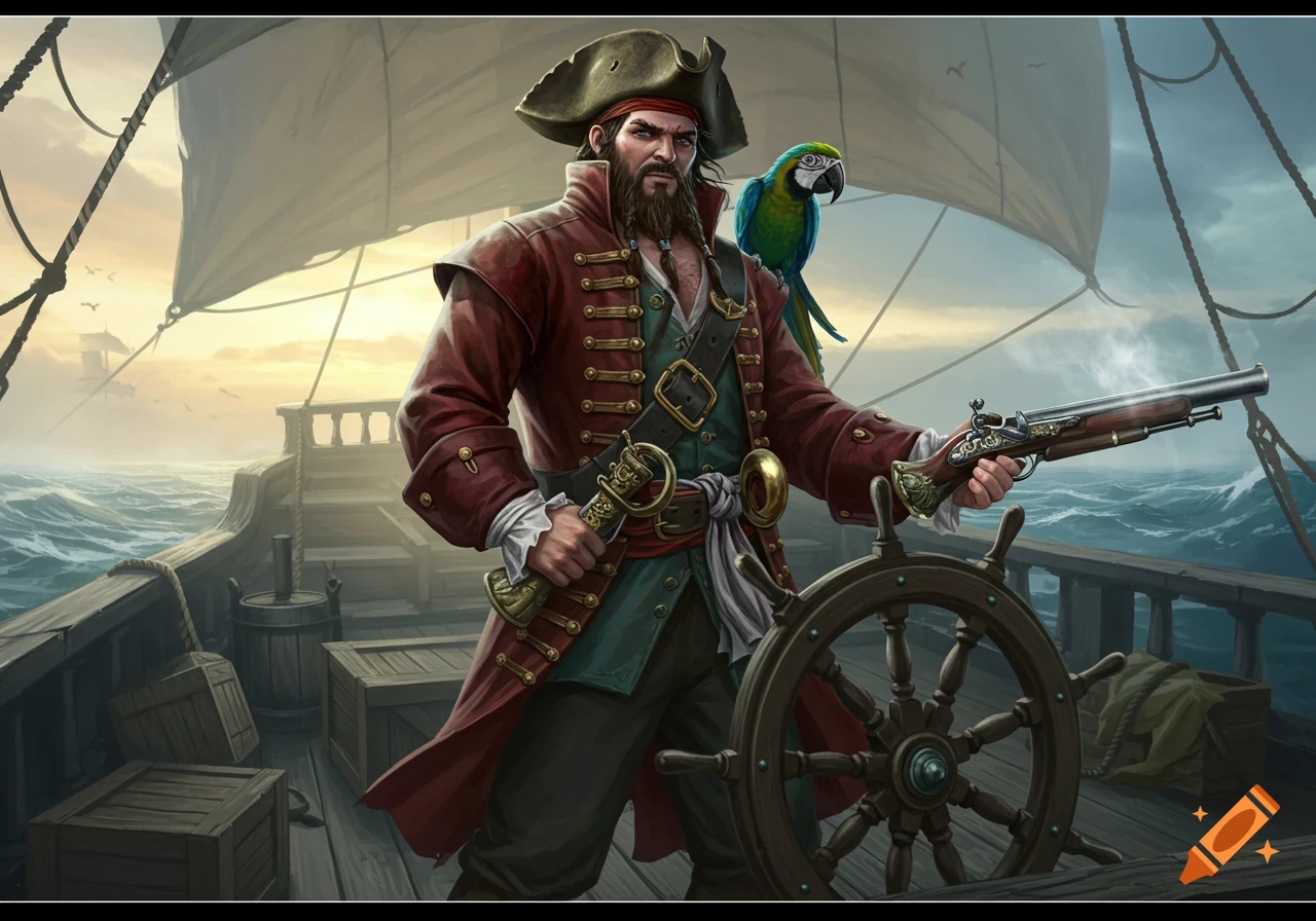 A bearded pirate in a red coat stands on a ship, holding a gun, with a parrot on his shoulder.