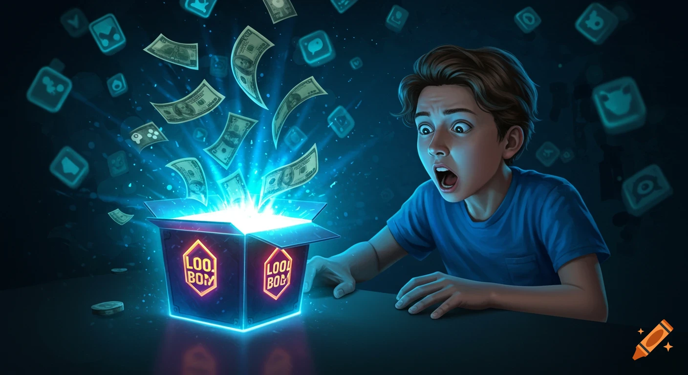 A wide-eyed teenager watches dollar bills and light burst from an open glowing loot box on a gaming screen, surrounded by floating game icons.