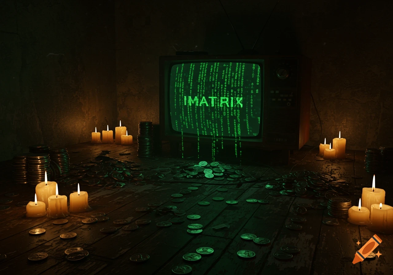 An old TV screen displays green matrix code with 'IMATRIX' on a dark wooden floor surrounded by coins and lit candles.