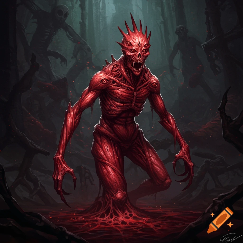 A red, fleshy monster with multiple eyes, sharp teeth, and spiky head stands in a pool of blood in a dark, eerie forest.