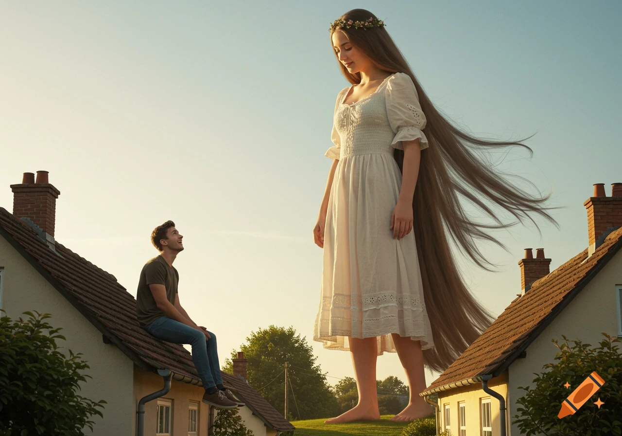 A giantess with long hair stands over houses, looking down at a man sitting on a roof smiling up at her in a photorealistic style.