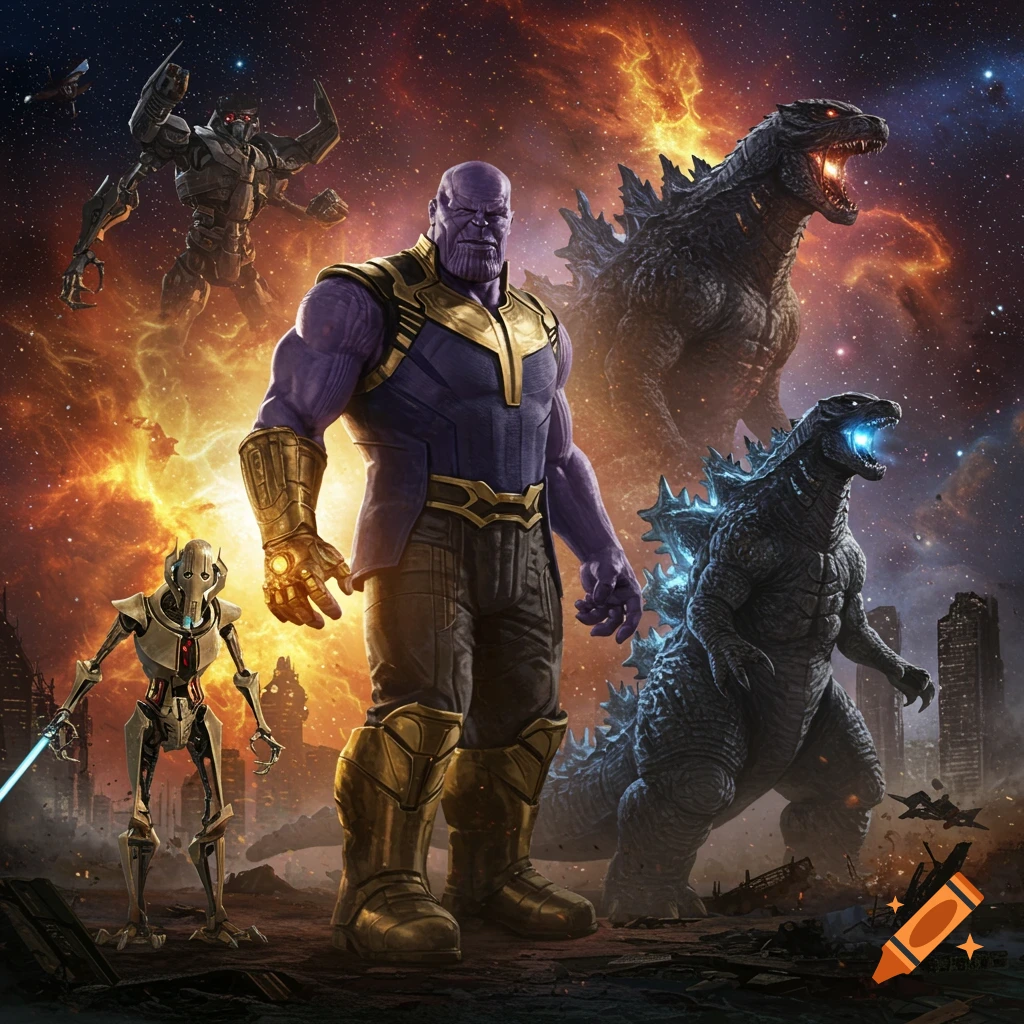 Thanos stands foreground with two Godzillas, Megatron, and General Grievous in a fiery cosmic cityscape.