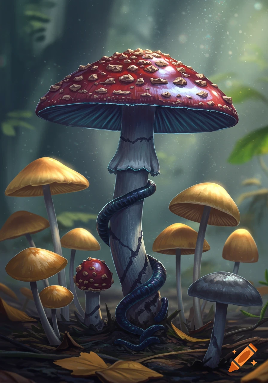 Stylized illustration of a large red toadstool with a dark worm wrapped around its stem, surrounded by other mushrooms in a mystical forest.