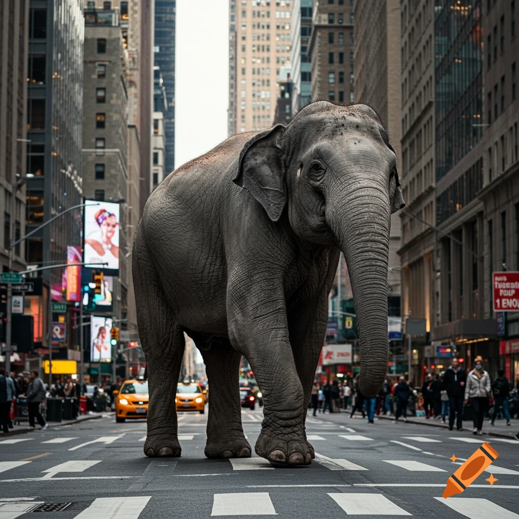 A large photorealistic elephant walks across a crosswalk on a busy New York City street, with tall buildings and yellow cabs.