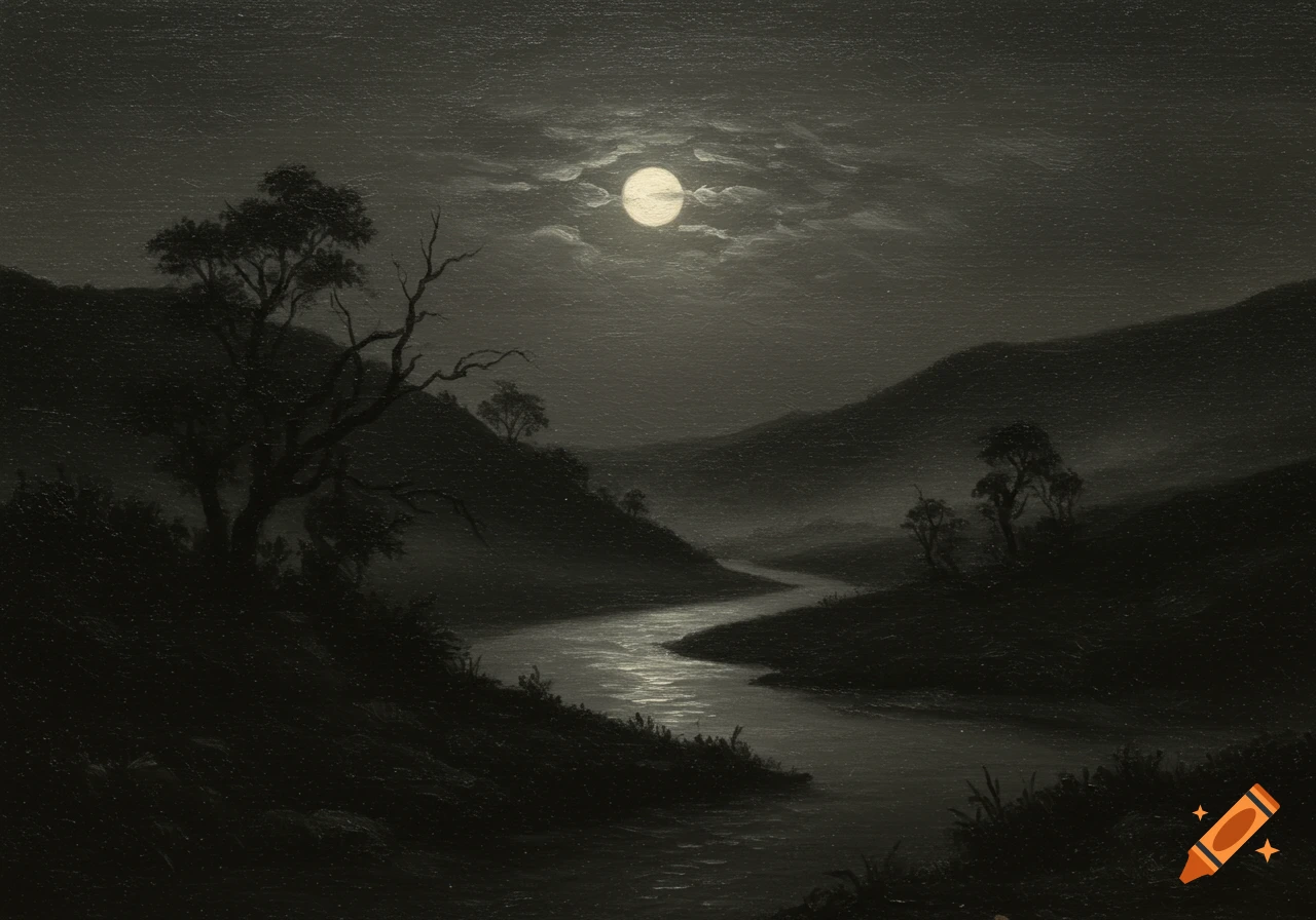 1800s oil painting of a dark, misty valley with a full moon illuminating a winding river and silhouetted trees.
