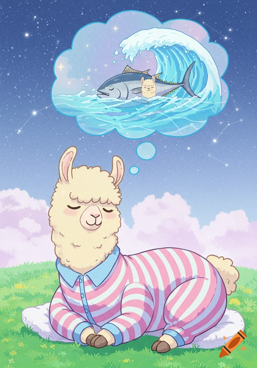 An anime-style llama in pink and blue striped pajamas sleeps on grass under a starry sky, dreaming of a sleeping tuna in a wave with a tiny llama.