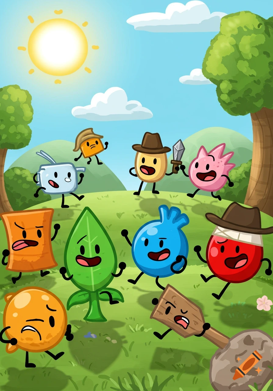 Cartoon anthropomorphic objects with faces and limbs running in a sunny green meadow with trees and hills.