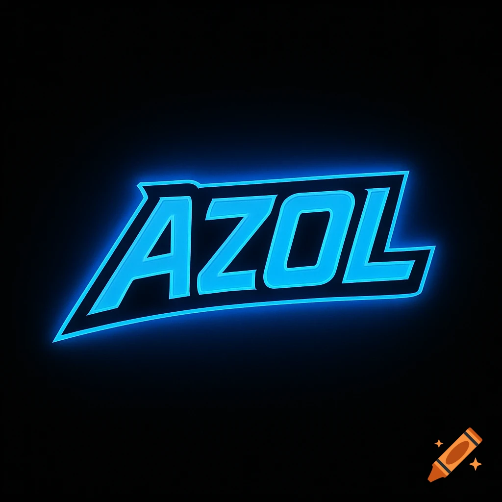 A blue neon-glowing word AZOL in a slanted, stylized font on a black background.