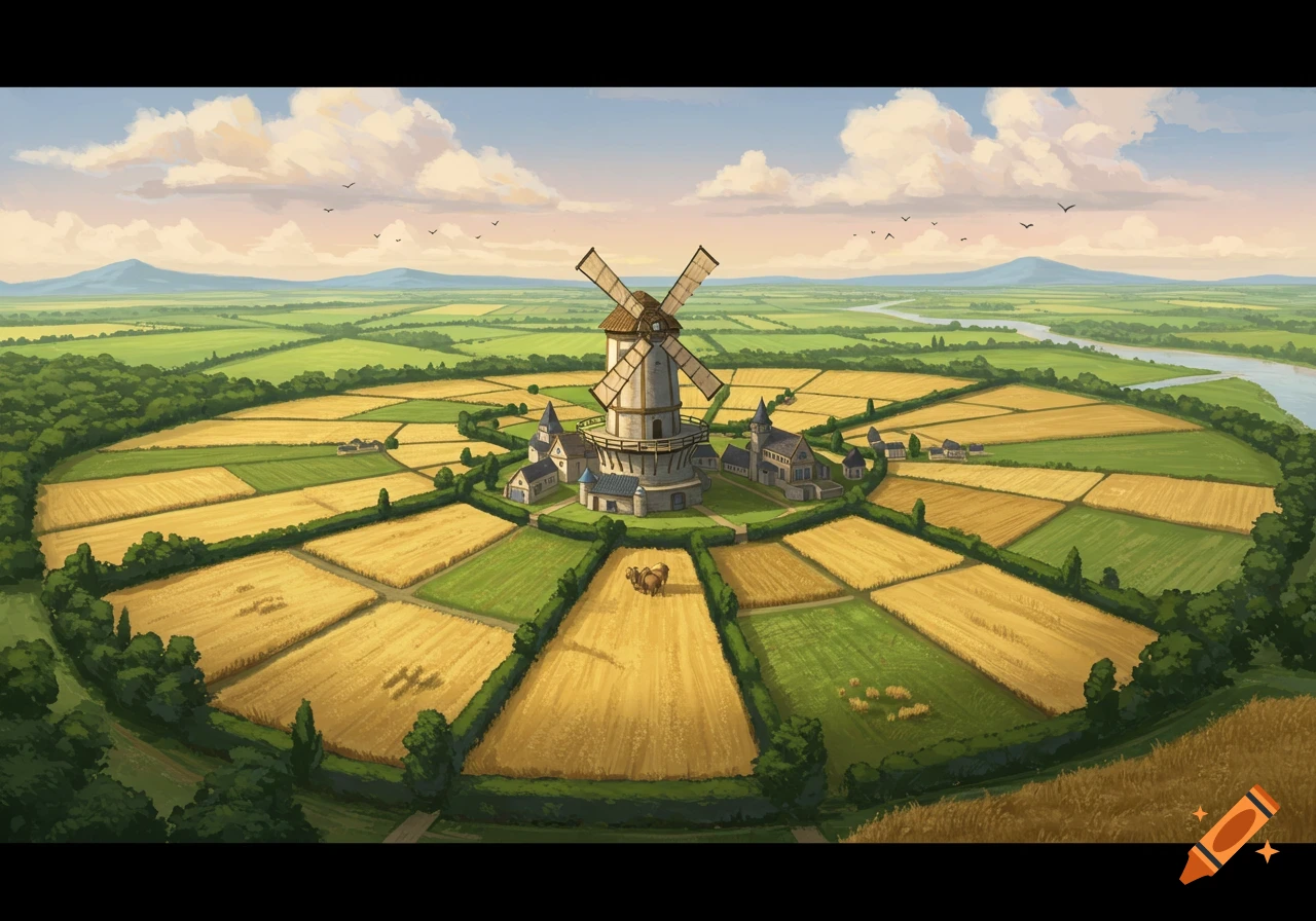 Illustrated idyllic landscape: a circular farm with a central windmill, divided fields, houses, distant mountains, and a river.