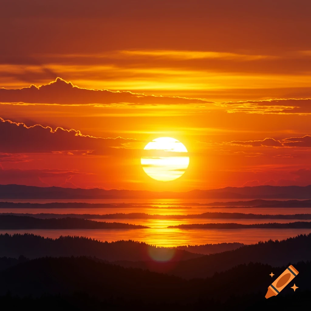 A breathtaking golden and orange sunset casts light over a serene lake, reflecting the vibrant sun amidst silhouetted mountains and forests.