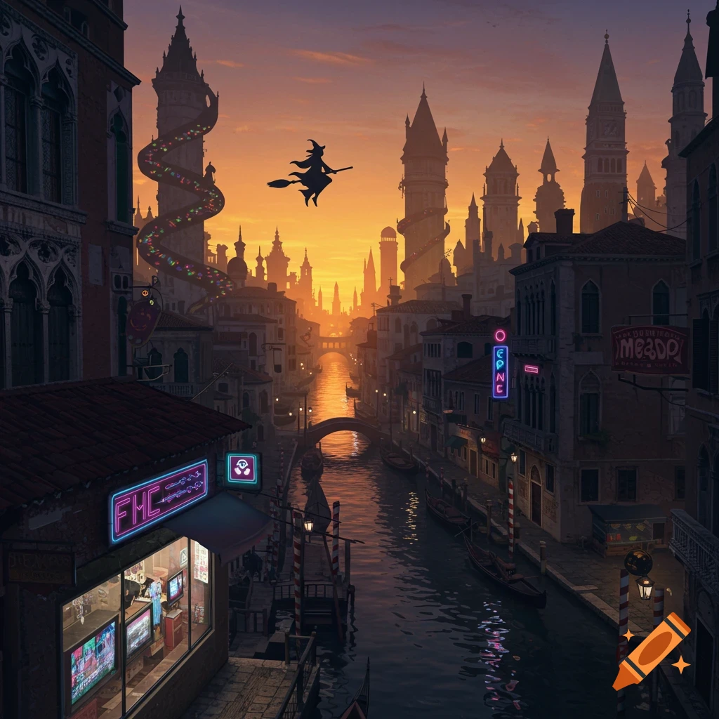 A surreal, dreamlike Venice cityscape at sunset with glowing neon signs. A witch flies on a broomstick over the winding canals and gothic architecture.