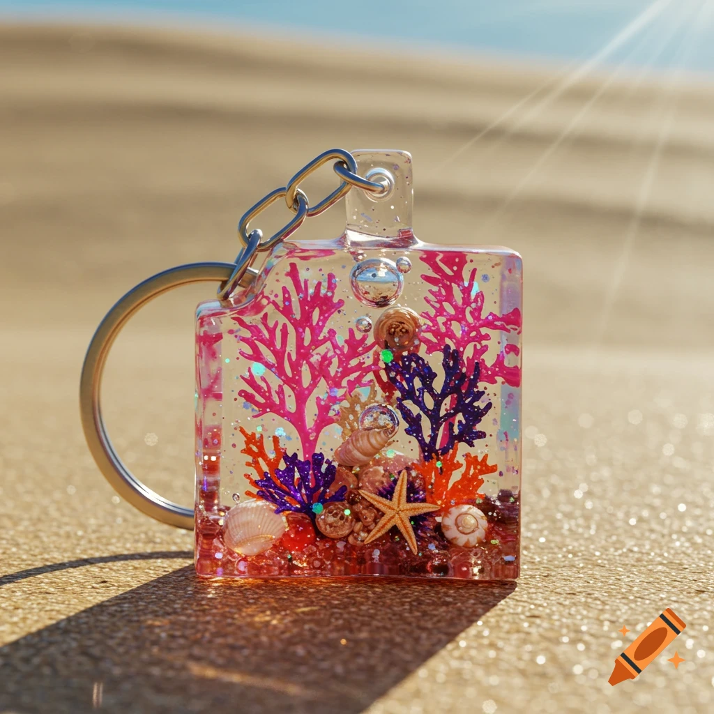 A translucent resin keychain containing colorful coral, shells, a starfish, and glitter, resting on sandy ground with sun rays.