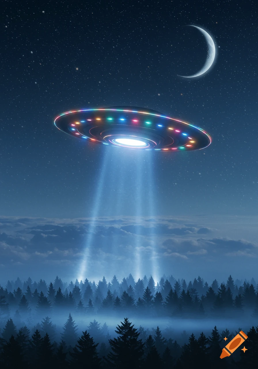 A brightly lit UFO hovers over a dark forest under a starry night sky with a crescent moon.