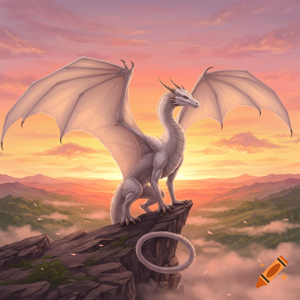 A majestic white dragon with large wings perched on a rocky peak at sunset, overlooking a misty, mountainous landscape.
