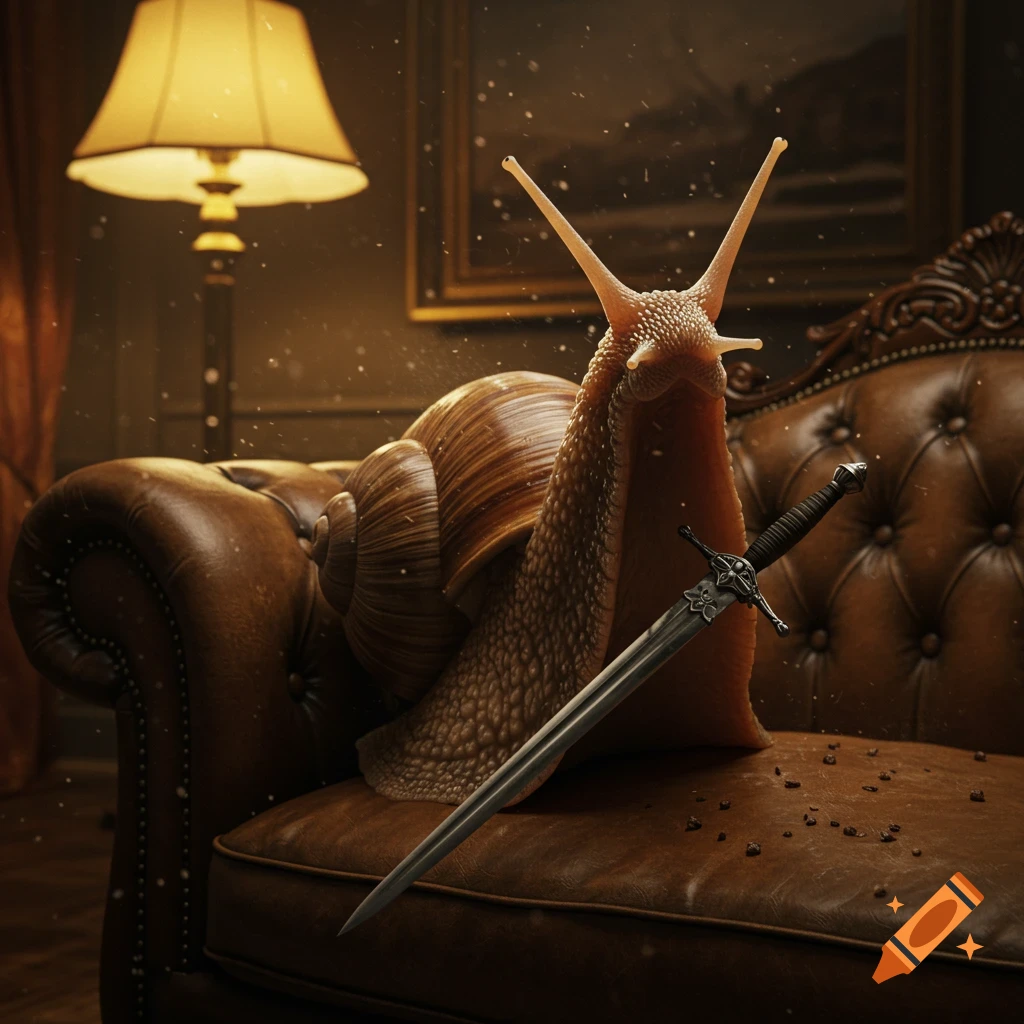 A large, angry-looking snail sits on a brown leather couch with a detailed sword leaning against it, in a realistic, dimly lit room.