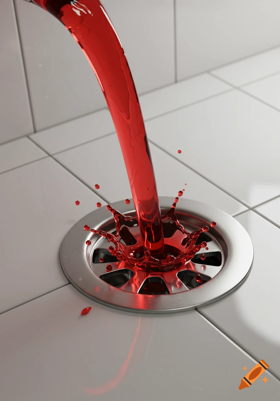 A vibrant red liquid pours and splashes into a silver shower drain on a tiled floor, captured in a photorealistic style.