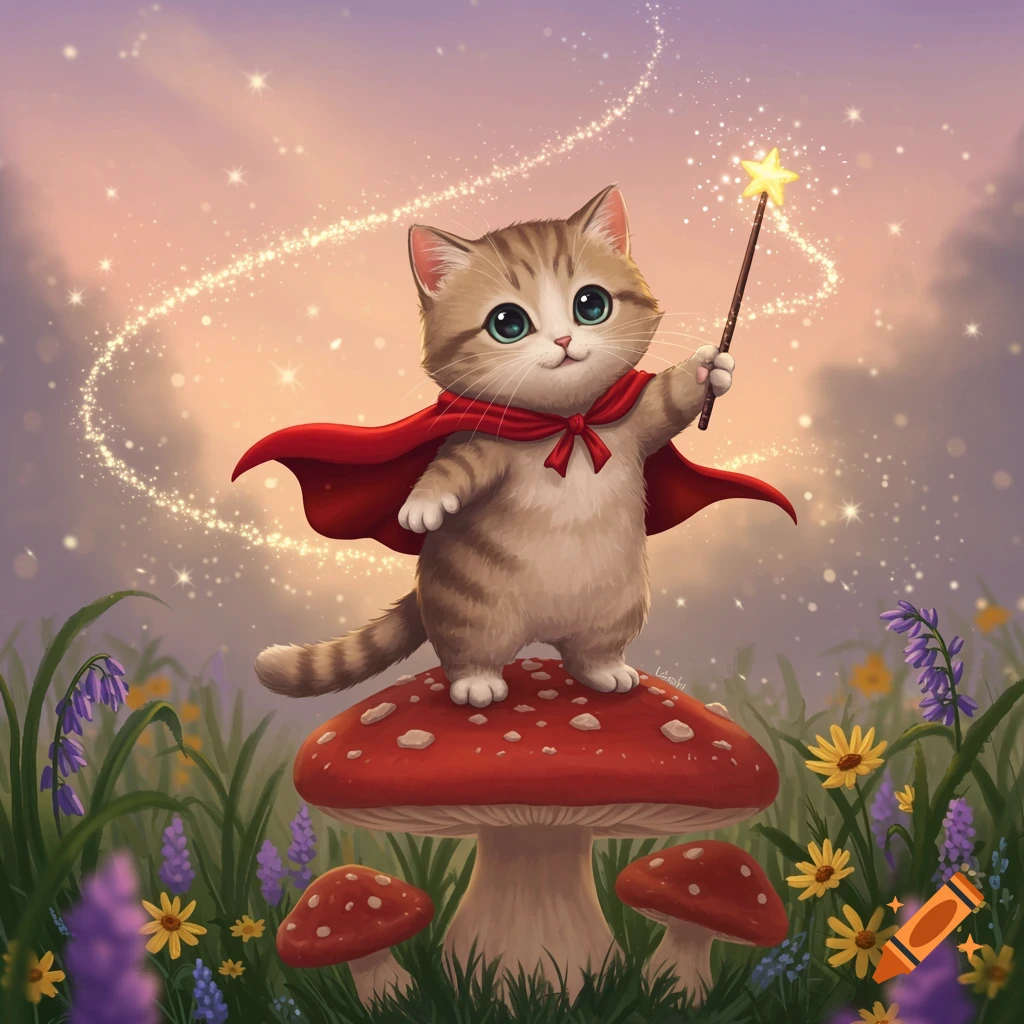 A cute tabby kitten wearing a red cape and holding a sparkling magic wand stands on a large red mushroom in a field of flowers under a magical sky.