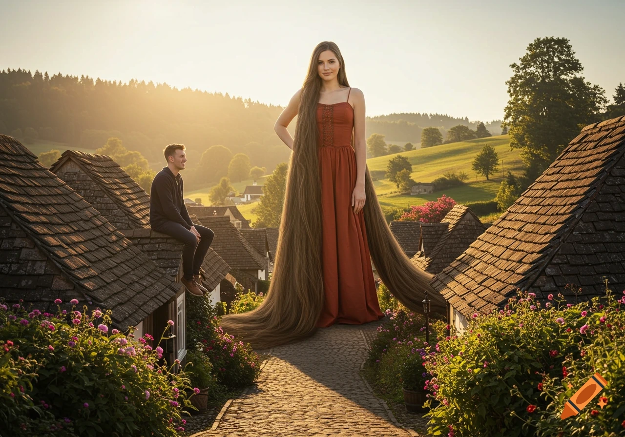 A giant woman with very long hair stands on a cobblestone path in a village, looking at a man sitting on a roof, at golden hour.