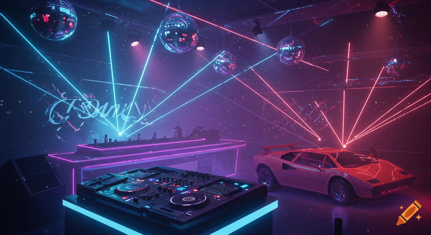 A vibrant synthwave club scene with neon lights, disco balls, lasers, DJ decks, and a red Lamborghini Countach.