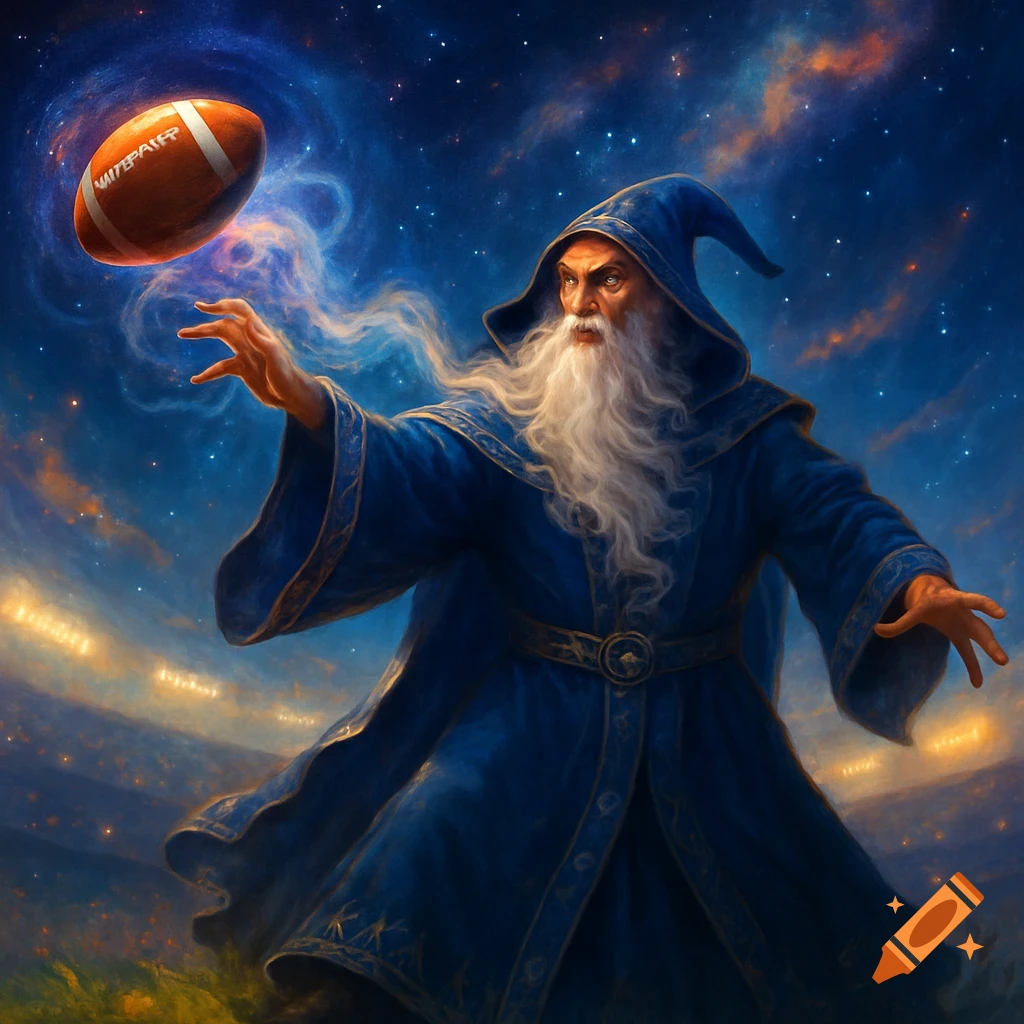 A powerful wizard in a blue robe throws an American football against a starry night sky, digital art.
