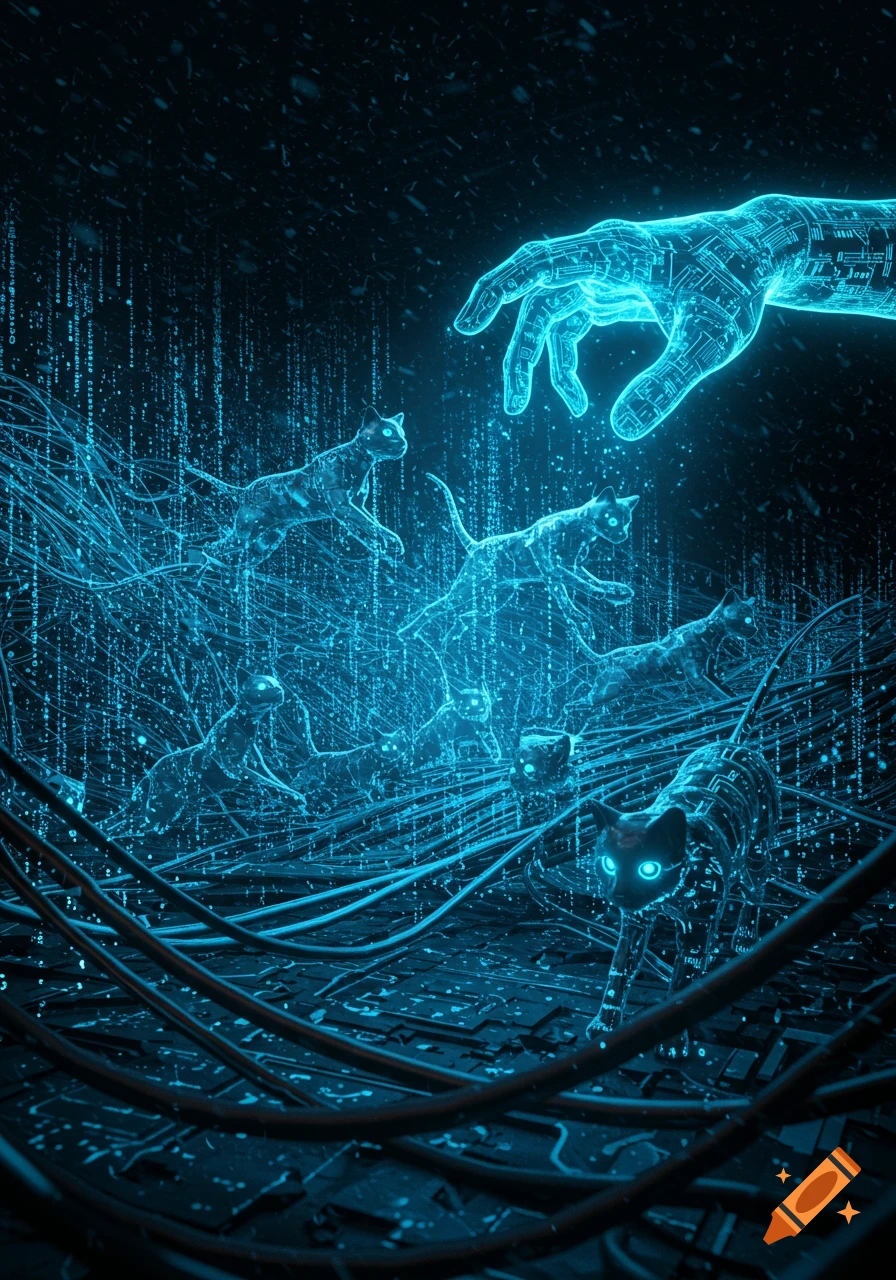 Glowing, circuit-patterned cats and a digital hand in a dark, binary code filled cyberpunk environment.