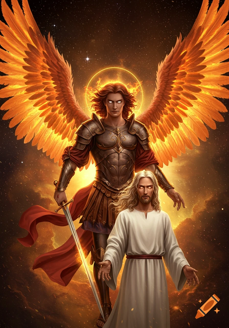 Archangel Michael with fiery wings and a sword stands behind Jesus with long hair, both with glowing eyes, against a dramatic cosmic sky.