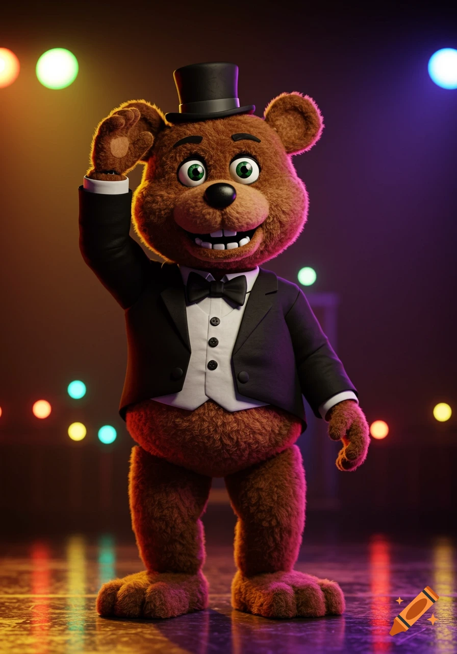 A brown animatronic bear in a tuxedo and top hat stands on a stage with colorful lights, raising its paw.