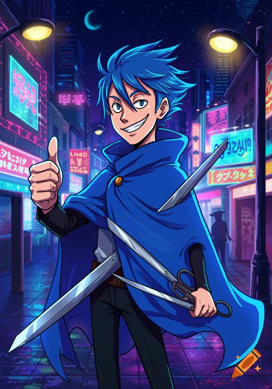Blue-haired anime boy in a blue cape holds blades, giving a thumbs up on a neon-lit city street.