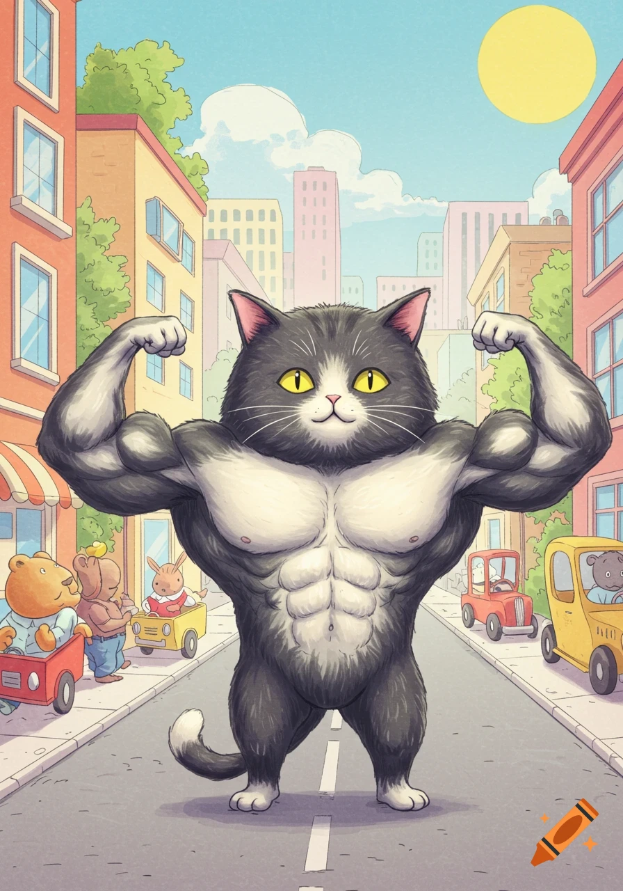 A muscular grey and white cartoon cat flexes its biceps on a city street with other animal characters and buildings in the background.