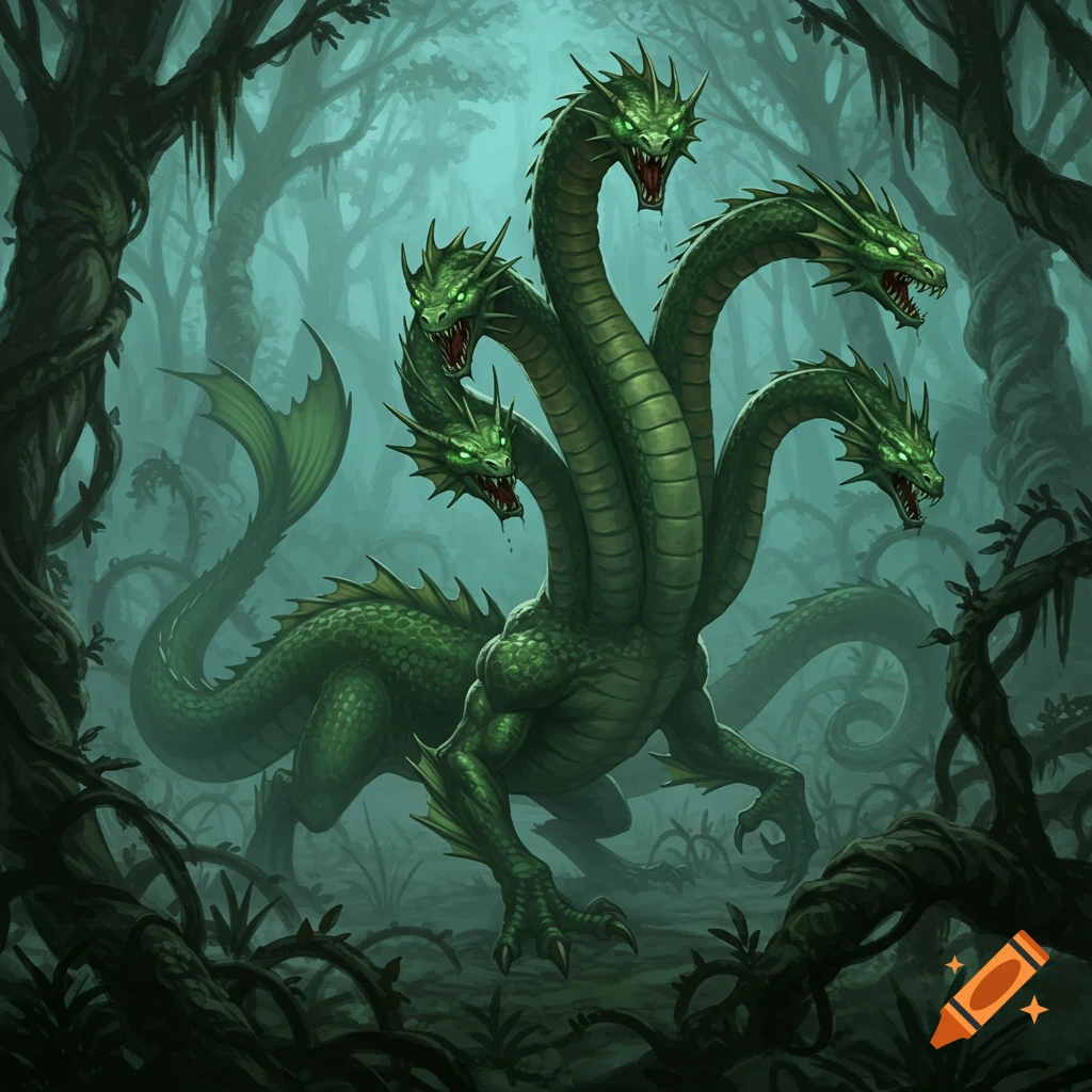 A menacing green hydra with five snake-like heads, a scaly body, and four strong legs stands in a dense, foggy forest.