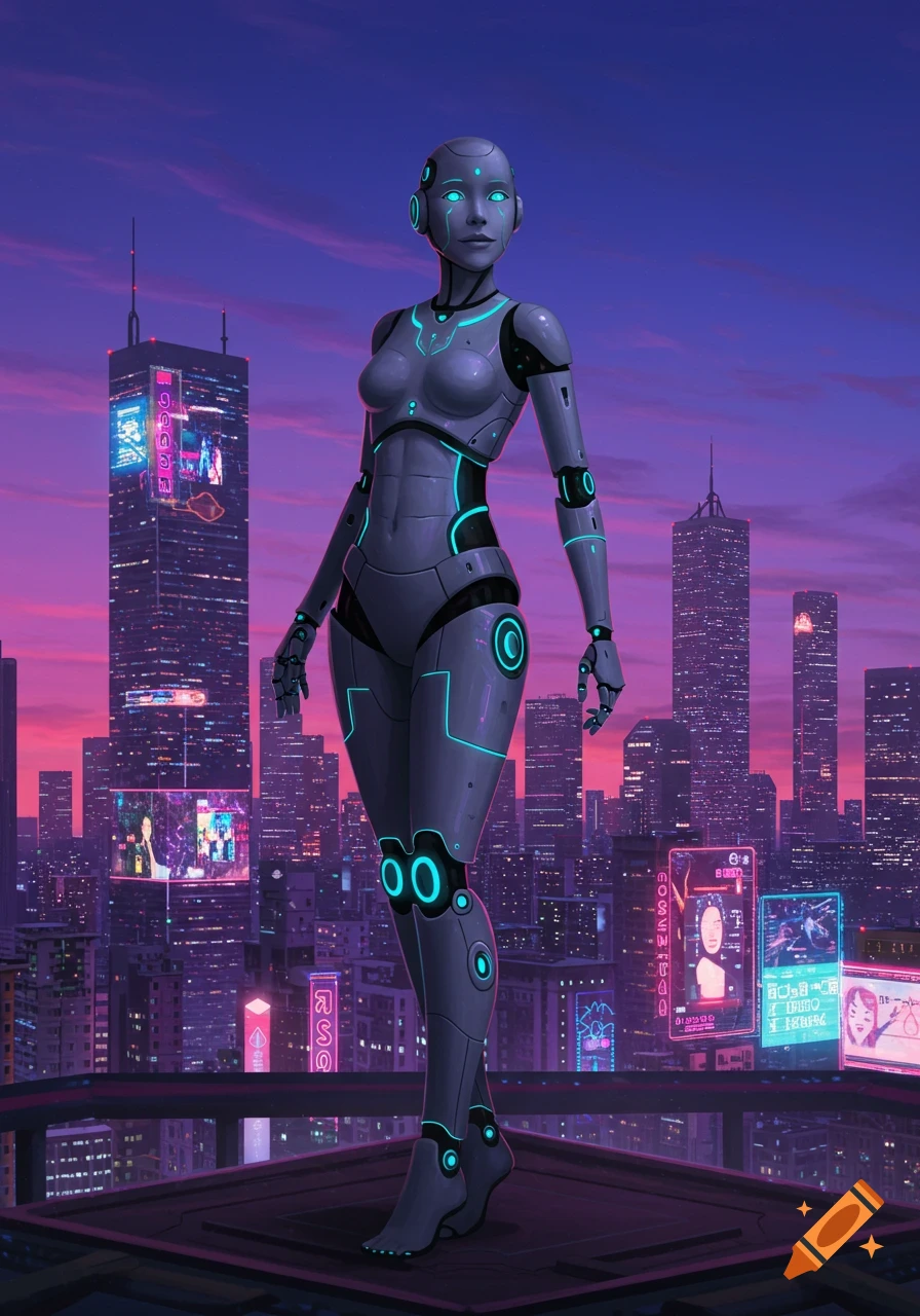 A grey and cyan humanoid robot stands on a rooftop overlooking a vibrant purple and blue futuristic city at sunset.